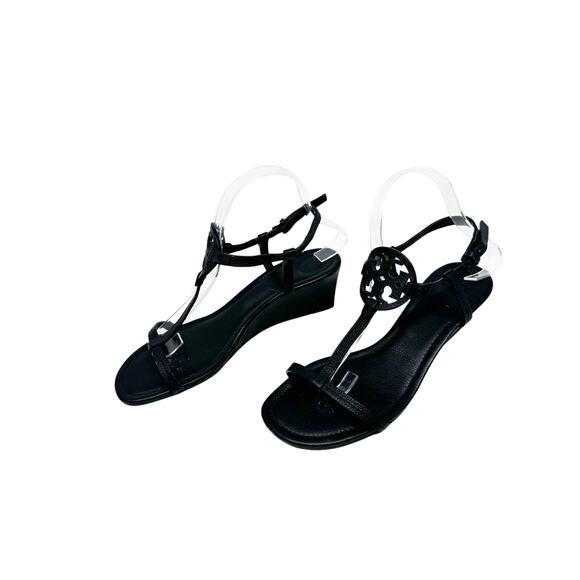 Tory Burch Miller Wedge Heels Sandals Black Leather Logo Sandals Size 8.5 - Picture 3 of 6